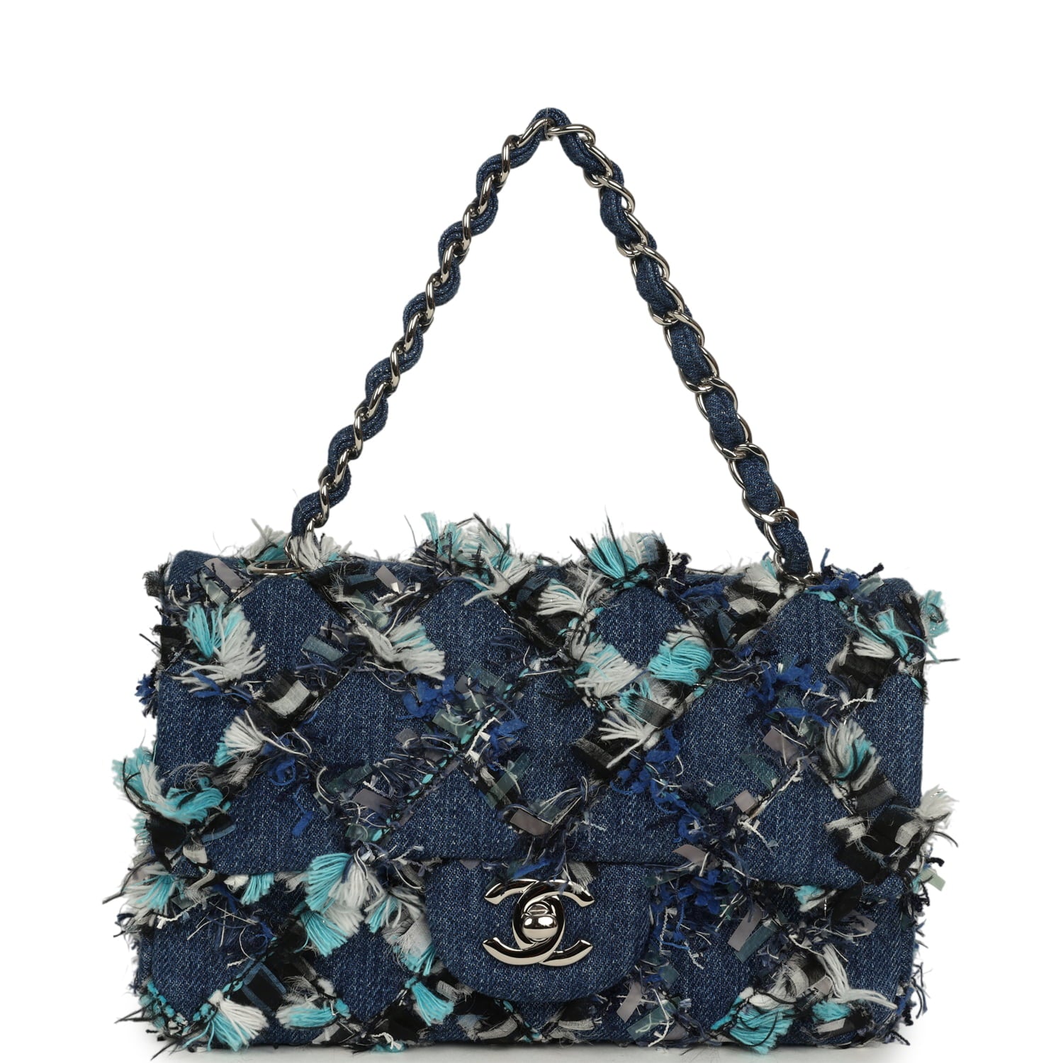 Chanel Mini Classic Rectangular Flap Bag Ribbon Tweed Blue Denim Silve