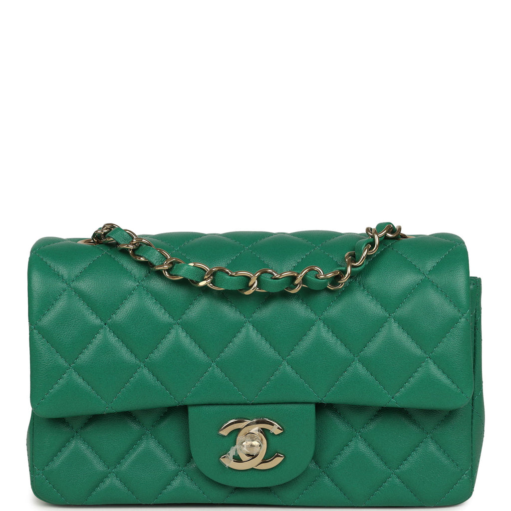 Chanel Mini Classic Rectangular Flap Bag Green Lambskin Light Gold Har