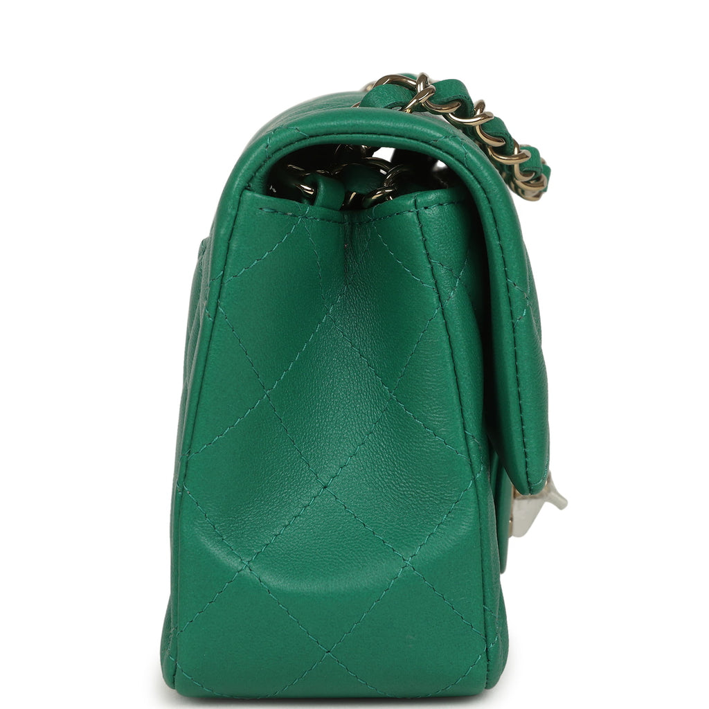 Chanel Mini Classic Rectangular Flap Bag Green Lambskin Light Gold Har