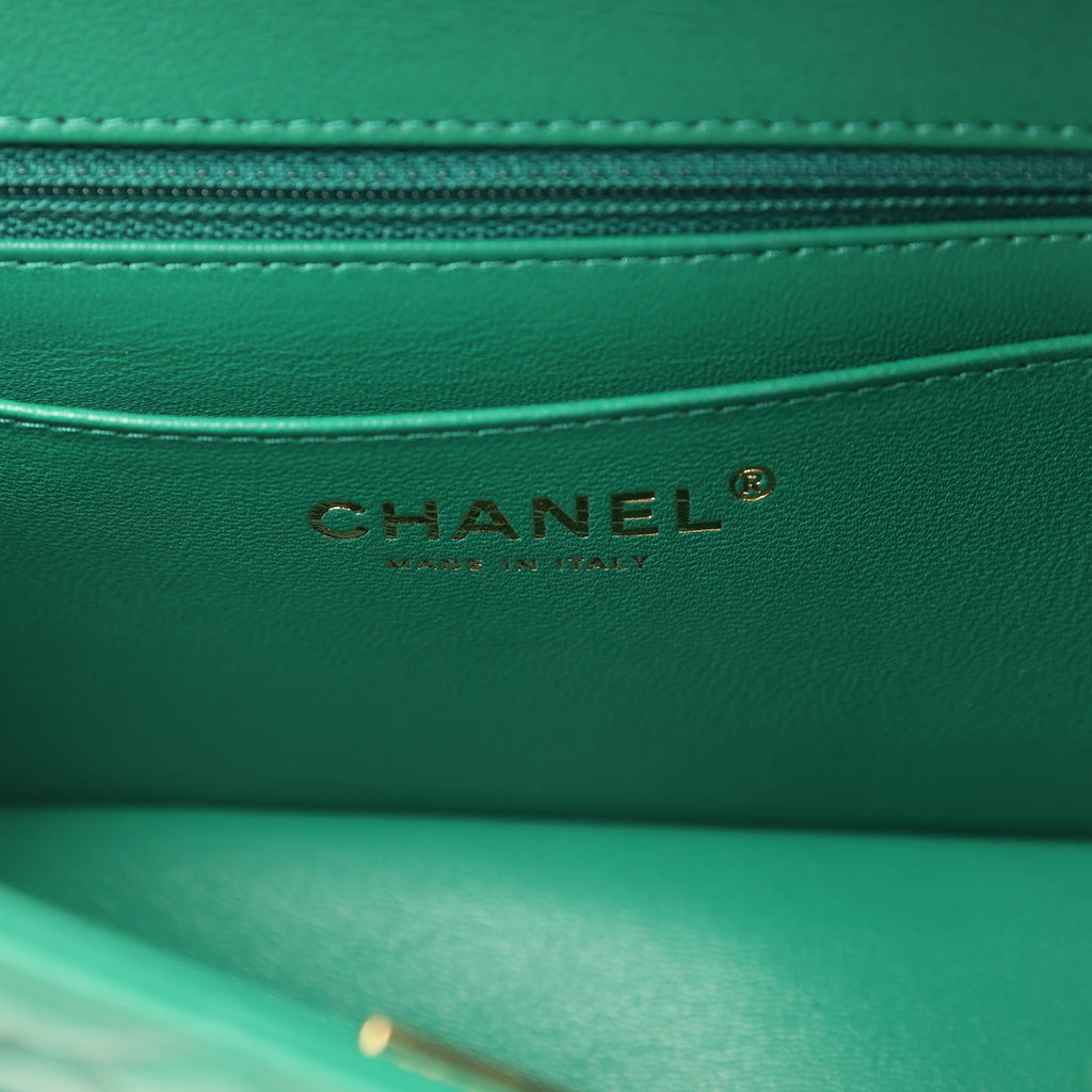 Chanel Mini Classic Rectangular Flap Bag Green Lambskin Light Gold Har