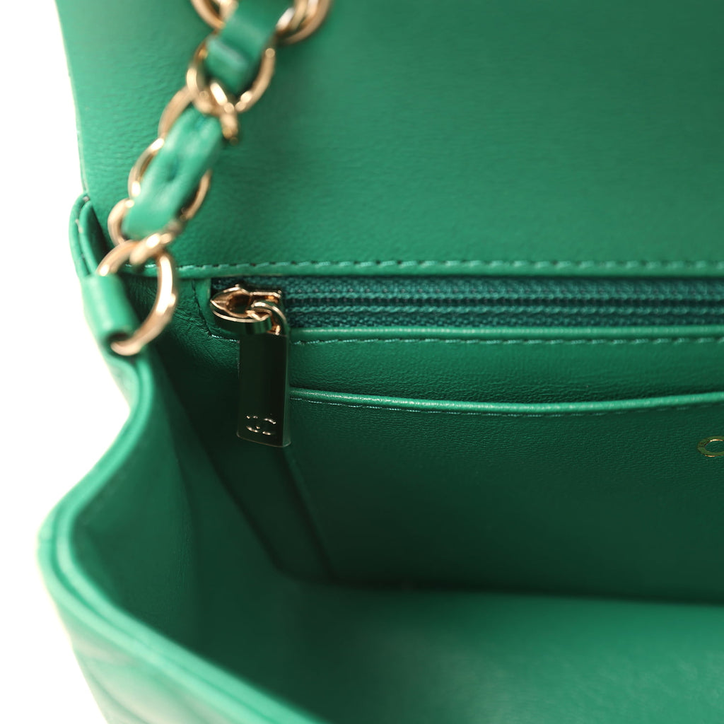 Chanel Mini Classic Rectangular Flap Bag Green Lambskin Light Gold Har