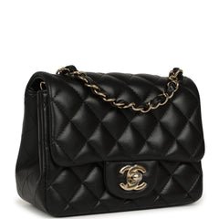 Chanel Mini Classic Square Flap Bag Black Lambskin Light Gold Hardware