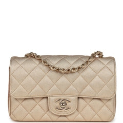 Chanel Mini Classic Rectangular Flap Bag Gold Grained Lambskin Caviar Light Gold Hardware