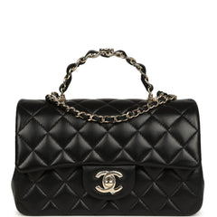 Chanel Mini Classic Rectangular Top Handle Flap Bag Black Lambskin Light Gold Hardware