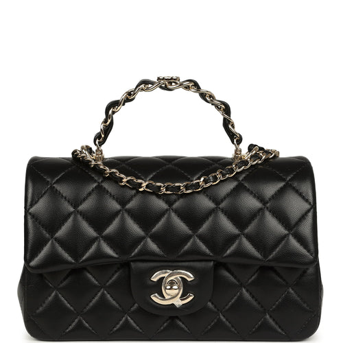 Chanel Mini Classic Rectangular Top Handle Flap Bag Black Lambskin Light Gold Hardware
