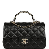 Chanel Mini Classic Rectangular Top Handle Flap Bag Black Lambskin Light Gold Hardware - Thumbnail View 1