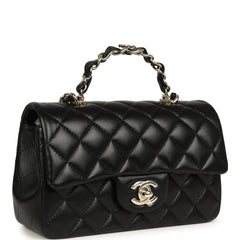 Chanel Mini Classic Rectangular Top Handle Flap Bag Black Lambskin Light Gold Hardware