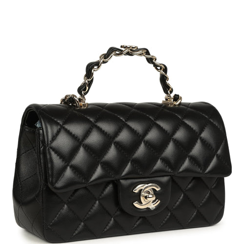 Chanel Mini Classic Rectangular Top Handle Flap Bag Black Lambskin Light Gold Hardware
