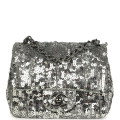Chanel Mini Classic Square Flap Bag Metallic Silver Sequins Ruthenium Hardware