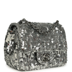 Chanel Mini Classic Square Flap Bag Metallic Silver Sequins Ruthenium Hardware