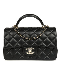 Chanel Mini Classic Rectangular Top Handle Flap Bag Black Lambskin Light Gold Hardware