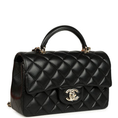 Chanel Mini Classic Rectangular Top Handle Flap Bag Black Lambskin Light Gold Hardware