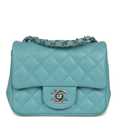 Chanel Mini Classic Square Flap Bag Light Blue Lambskin Silver Hardware