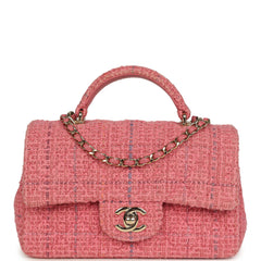 Pre-owned Chanel Mini Classic Rectangular Top Handle Flap Bag Pink Tweed Light Gold Hardware