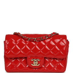 Pre-owned Chanel Mini Classic Rectangular Flap Bag Red Patent Light Gold Hardware