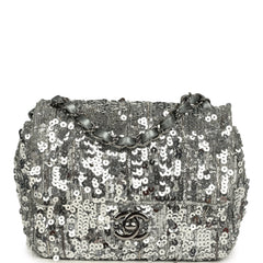 Pre-owned Chanel Mini Classic Square Flap Bag Metallic Silver Sequins Ruthenium Hardware