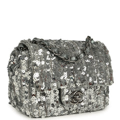Pre-owned Chanel Mini Classic Square Flap Bag Metallic Silver Sequins Ruthenium Hardware