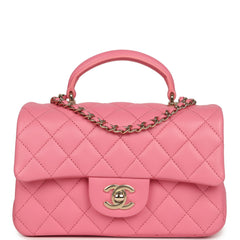 Chanel Mini Rectangular Flap Bag with Top Handle Pink Lambskin Light Gold Hardware