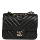 Pre-owned Chanel Mini Chevron Square Flap Bag Black Lambskin Light Gold Hardware - Thumbnail View 1