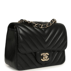 Pre-owned Chanel Mini Chevron Square Flap Bag Black Lambskin Light Gold Hardware