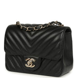 Pre-owned Chanel Mini Chevron Square Flap Bag Black Lambskin Light Gold Hardware - Thumbnail View 3