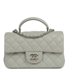 Chanel Mini Classic Rectangular Top Handle Flap Bag Pale Green Lambskin Silver Hardware