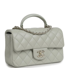 Chanel Mini Classic Rectangular Top Handle Flap Bag Pale Green Lambskin Silver Hardware