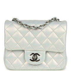 Chanel Mini Classic Square Flap Bag Light Blue Iridescent Calfskin Silver Hardware