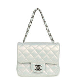 Chanel Mini Classic Square Flap Bag Light Blue Iridescent Calfskin Silver Hardware - Thumbnail View 7