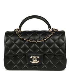 Chanel Mini Classic Rectangular Top Handle Flap Bag Black Lambskin Light Gold Hardware