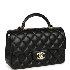 Chanel Mini Classic Rectangular Top Handle Flap Bag Black Lambskin Light Gold Hardware