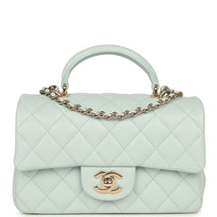 Chanel Mini Classic Rectangular Top Handle Flap Bag Light Blue Lambskin Light Gold Hardware