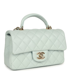Chanel Mini Classic Rectangular Top Handle Flap Bag Light Blue Lambskin Light Gold Hardware