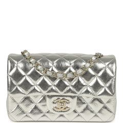 Chanel Mini Classic Rectangular Flap Bag Silver Metallic Crumpled Calfskin Light Gold Hardware