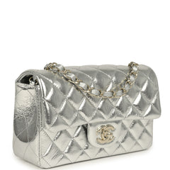 Chanel Mini Classic Rectangular Flap Bag Silver Metallic Crumpled Calfskin Light Gold Hardware