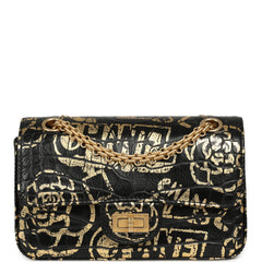 Pre-owned Chanel Mini Graffiti Reissue 224 2.55 Flap Bag Black, Gold Croc Embossed Calfskin Brushed Gold Hardware