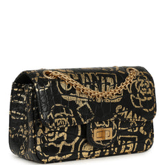 Pre-owned Chanel Mini Graffiti Reissue 224 2.55 Flap Bag Black, Gold Croc Embossed Calfskin Brushed Gold Hardware