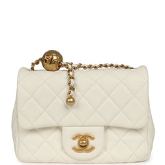 Chanel Mini Square Pearl Crush Flap Bag White Lambskin Antique Gold Hardware