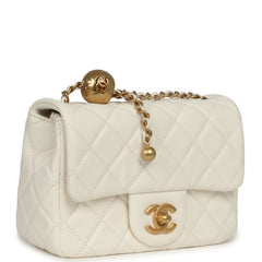 Chanel Mini Square Pearl Crush Flap Bag White Lambskin Antique Gold Hardware