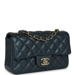 Pre-owned Chanel Mini Classic Rectangular Flap Bag Blue Iridescent Caviar Light Gold Hardware