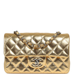Chanel Mini Classic Rectangular Flap Bag Gold Metallic Crumpled Calfskin Silver Hardware