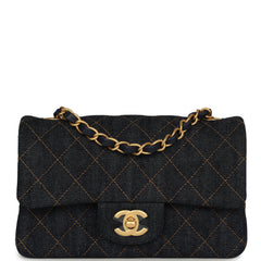 Chanel Mini Classic Rectangular Flap Bag Dark Blue Denim Brushed Gold Hardware