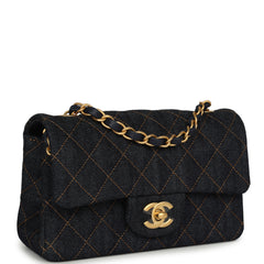 Chanel Mini Classic Rectangular Flap Bag Dark Blue Denim Brushed Gold Hardware
