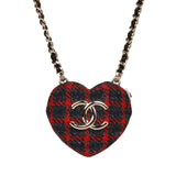 Chanel Red and Blue Plaid Heart Necklace Locket Light Gold Hardware