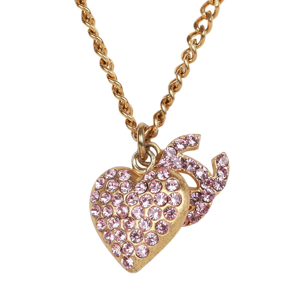 Vintage Chanel Gold Plated Pink Rhinestone CC Heart Pendant Necklace