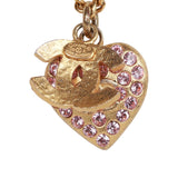 Vintage Chanel Gold Plated Pink Rhinestone CC Heart Pendant Necklace
