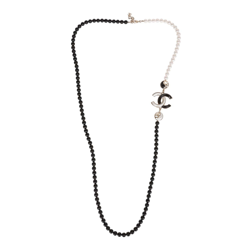 Chanel Black and White CC Logo Faux Pearl Glass Beads Long Necklace