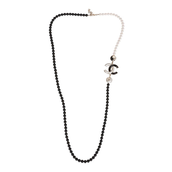 CHANEL Pearl Beaded Crystal CC Necklace Gold Black White 1234812