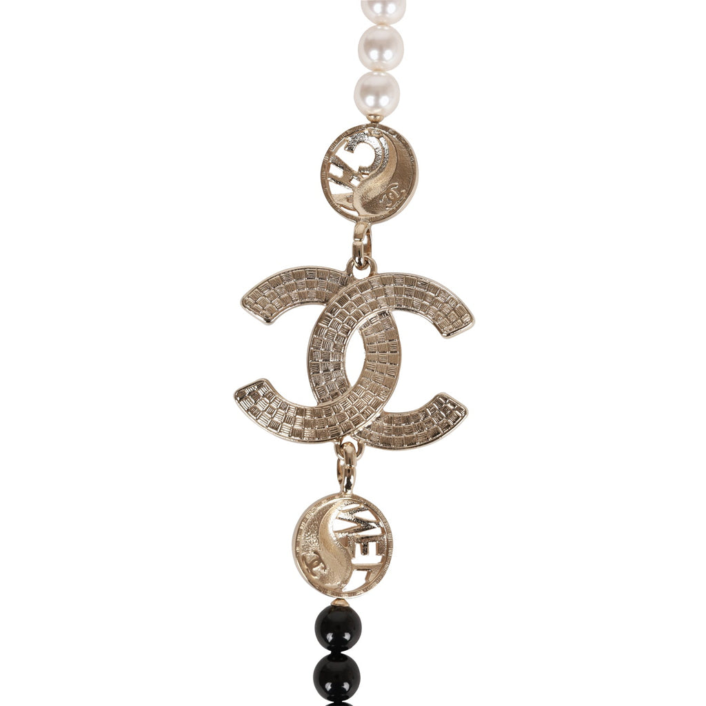 VTG CHANEL Long Necklace Black Costume Pearl Beaded Silver Rhinestone CC  Logo