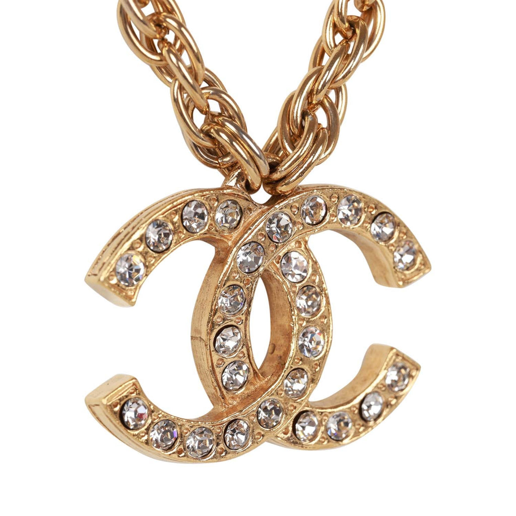 CHANEL Vintage Long Necklace Gold Plated Thick Chain CC Logo Charms with Box